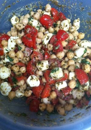 A picture of Chickpea, Pesto, Tomato & Mozzarella Salad.
