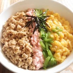 A picture of Savory Chicken Soboro: Four-Color Rice Bowl.