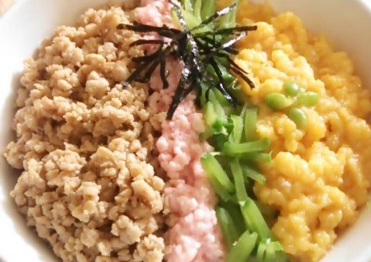 Easiest Way to Prepare Favorite Savory Chicken Soboro: Four-Color Rice Bowl