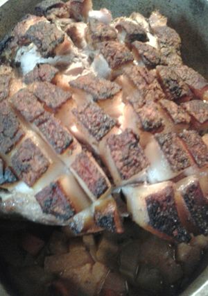 A picture of Slow Roasted Apples Carrots and Pork.
