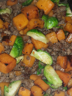A picture of Butternut squash, Brussel sprout sausage mixture.