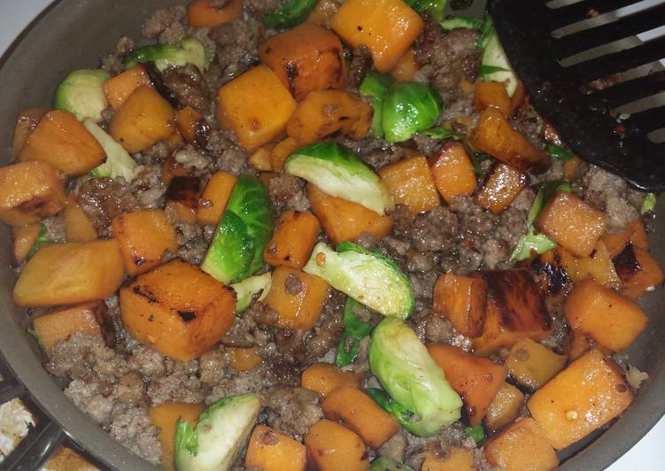 Simple Way to Make Award-winning Butternut squash, Brussel sprout sausage mixture