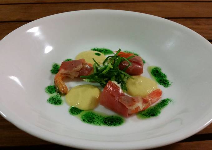 PROSCIUTTO wrapped PRAWNS, CORN PUREE + PESTO OIL