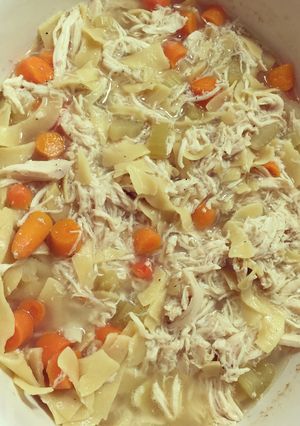 A picture of Slow Cooker Shredded Chicken Noodle Soup.