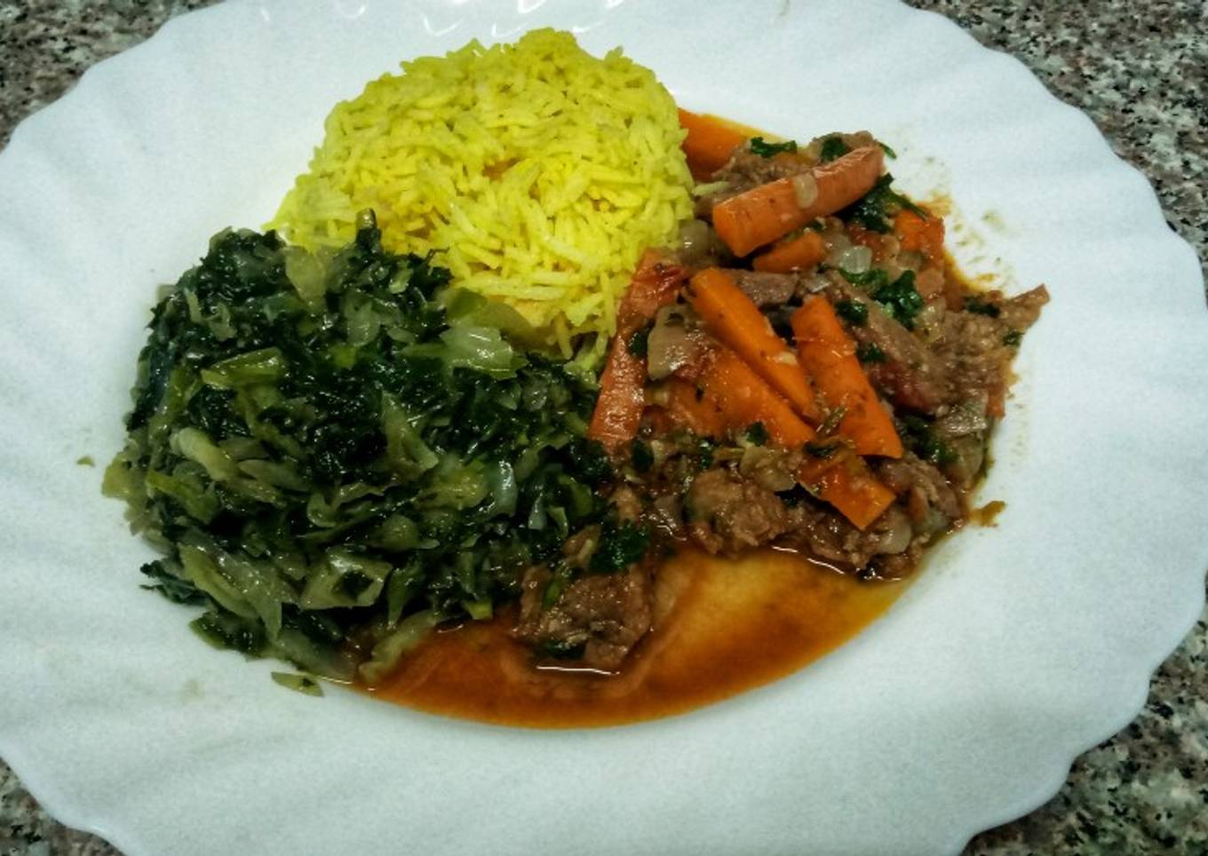 Mboga checked, beef stew and tumeric rice
