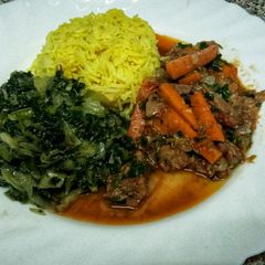 Mboga checked, beef stew and tumeric rice A picture of Mboga checked, beef stew and tumeric rice.
