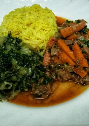 A picture of Mboga checked, beef stew and tumeric rice.