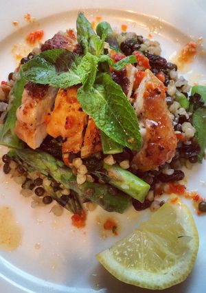 A picture of Harissa chicken with lentil, buckwheat & asparagus.