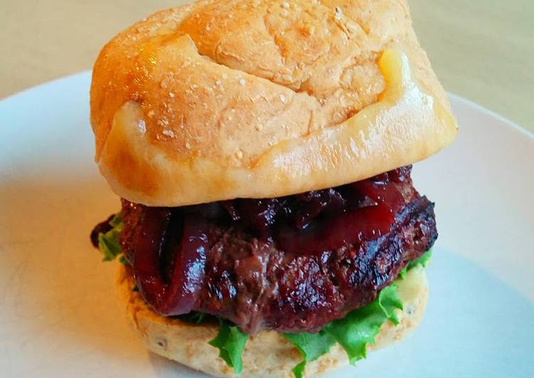 Bison Burgers with Cabernet Onions and Wisconsin Cheddar