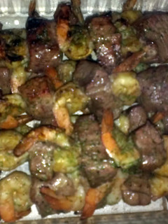 A picture of BJ's Steak and Shrimp kabobs.