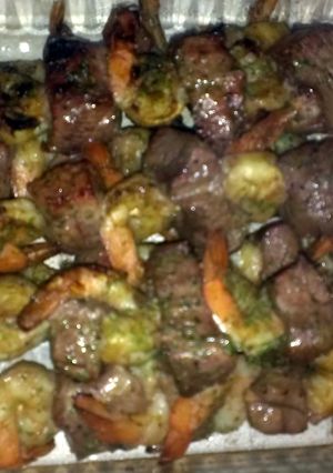 A picture of BJ's Steak and Shrimp kabobs.
