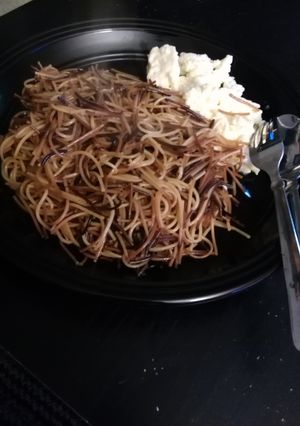 A picture of Fried Anglehair and Eggs.