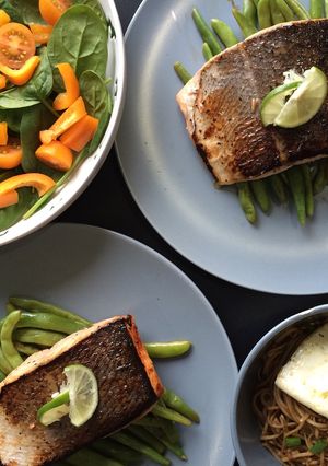 A picture of Pan Seared Salmon on Balsamic French Beans.