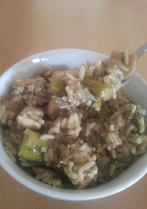 A picture of Chicken Risotto with Asparagus & Mushrooms.