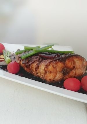 A picture of Salmon With Chinese Wine And Dark Soy Sauce.