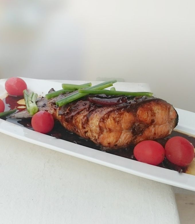 A picture of Salmon With Chinese Wine And Dark Soy Sauce.