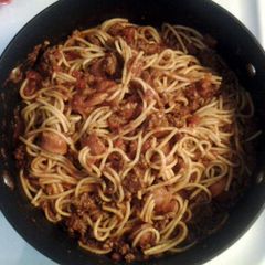 A picture of hot dog spaghetti.