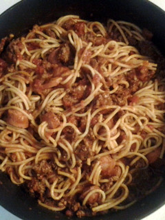 A picture of hot dog spaghetti.