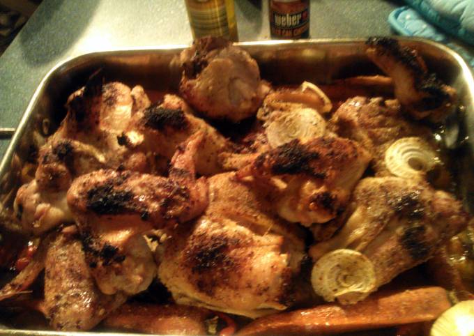 Sheryl`s beer can baked chicken with carrots,sweet peppers and onions