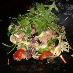 A picture of Easy tuna, tomato, caper and olive pasta.