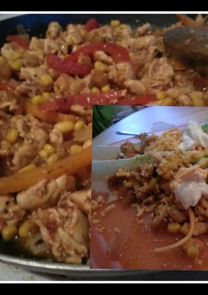 A picture of low calorie al pastor pineapple salsa chicken tacos.
