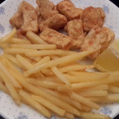 Vegan "fish" & chips A picture of Vegan "fish" & chips.