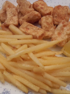 A picture of Vegan "fish" & chips.