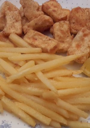 A picture of Vegan "fish" & chips.
