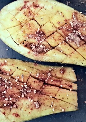 A picture of Ottolenghis Roasted Eggplant, w/Feta, Onion & Chopped Lemon.