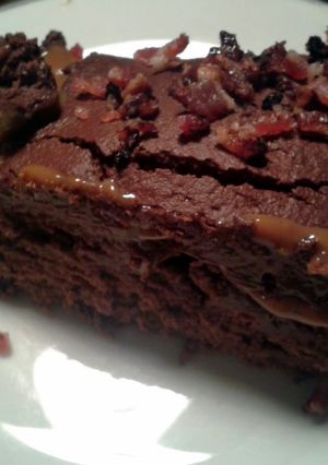 A picture of Fudgy Chocolate Cake with Salted Caramel & Maple Bacon.