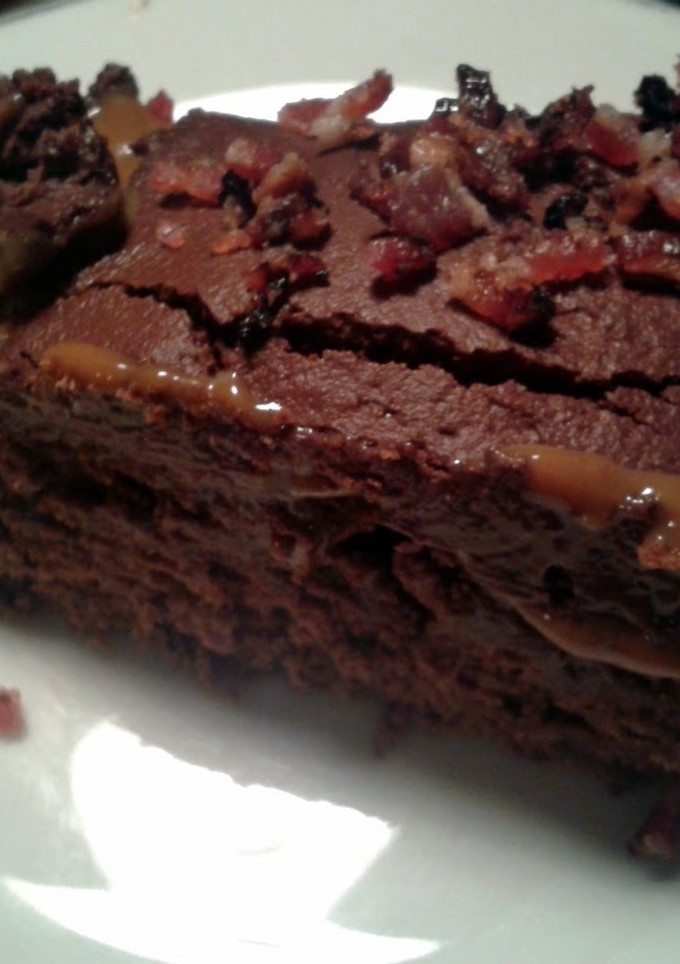 A picture of Fudgy Chocolate Cake with Salted Caramel & Maple Bacon.