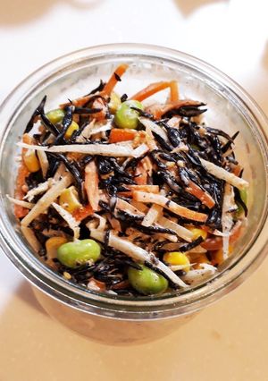 A picture of Gomoku Salad with Burdock, Carrot, Edamame, and Hijiki.