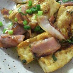 A picture of Stir Fried Tofu and Bacon with Butter and Soy Sauce.