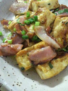 A picture of Stir Fried Tofu and Bacon with Butter and Soy Sauce.
