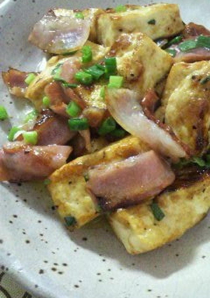 A picture of Stir Fried Tofu and Bacon with Butter and Soy Sauce.
