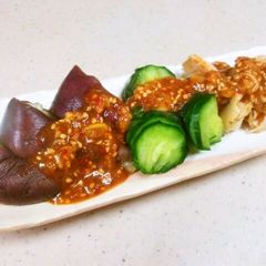 A picture of Steamed Aubergine and Baby Scallops with Chili, Vinegar and Miso Sauce.