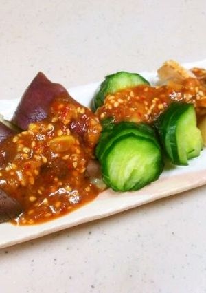 A picture of Steamed Aubergine and Baby Scallops with Chili, Vinegar and Miso Sauce.