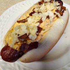 A picture of Brad's Bacon and Pimento Cheese Pub Dog.