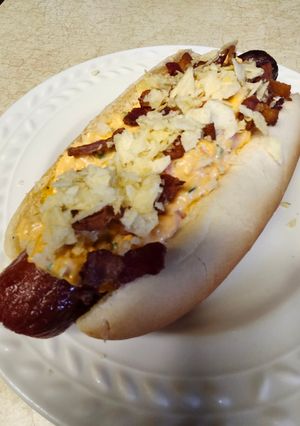 A picture of Brad's Bacon and Pimento Cheese Pub Dog.