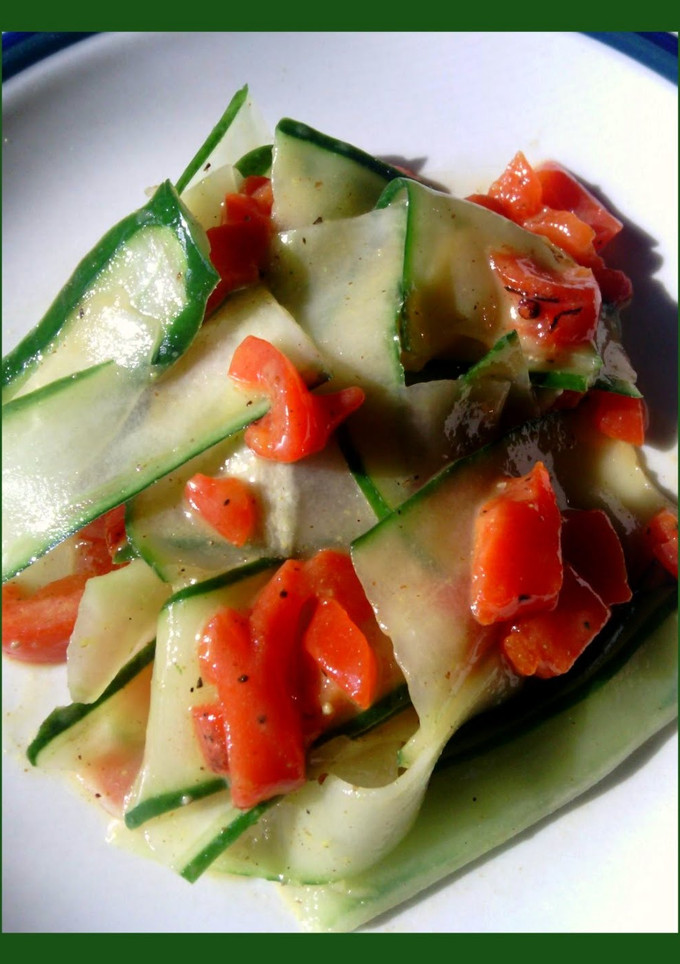 A picture of Cucumber and Roasted Pepper Salad w/ Sweet Mustard Dressing.