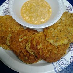 A picture of Tuna Egg Cakes with Spicy Sauce.