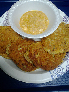 A picture of Tuna Egg Cakes with Spicy Sauce.