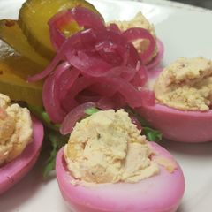 A picture of Pickled deviled eggs.