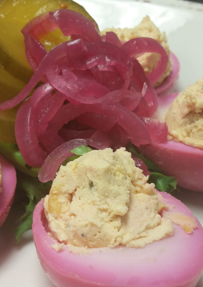 A picture of Pickled deviled eggs.