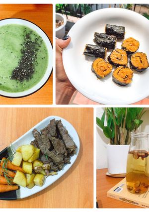 Hình của món Eat clean: Bò bít tết (344cal) + Khoai lang cuộn rong biển (214cal) + Smoothie (152cal).