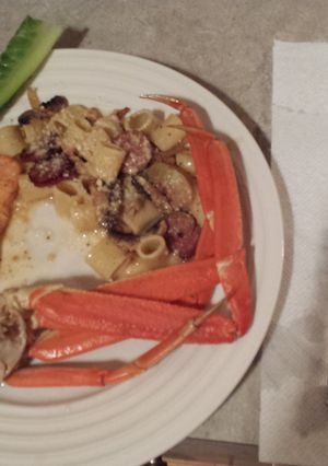 A picture of Baked Salmon, pasta gumbo.