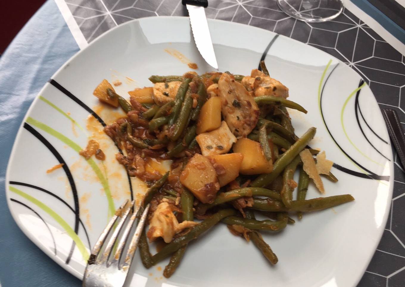 Pommes de terre haricots vert et poulet