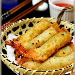 A picture of Crispy Shrimp and Shiso Leaf Gyoza Rolls.