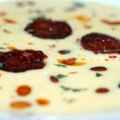 A picture of Sig's Cream of Sweetcorn Soup with spicy Sausage.