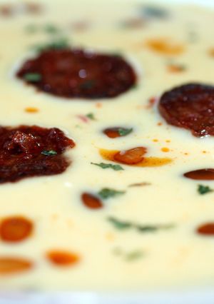 A picture of Sig's Cream of Sweetcorn Soup with spicy Sausage.